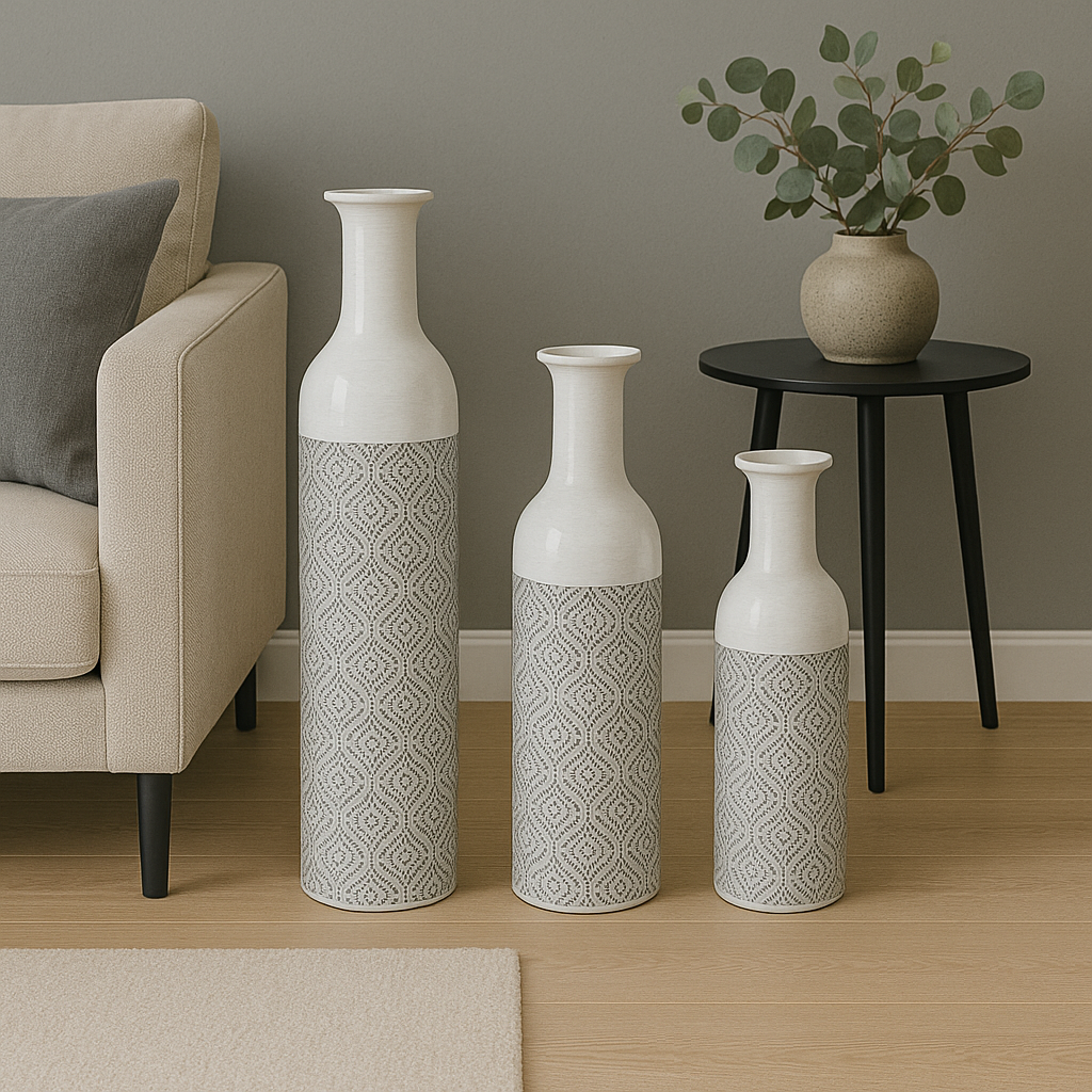 3-Piece Metal Floor Vase Set – Tall & Large Handmade Decorative Vases, white, grey