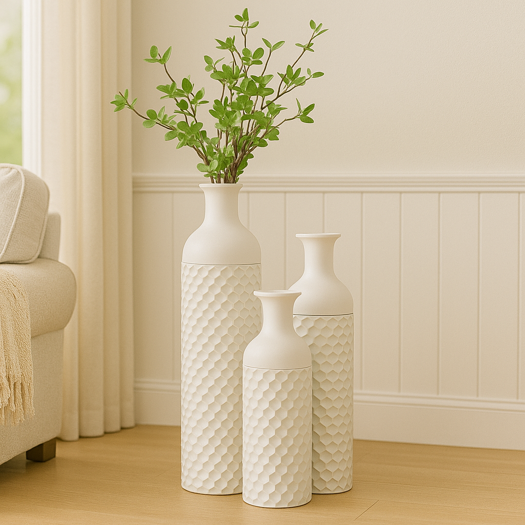 3-Piece Metal Floor Vase Set – Tall & Large Handmade Decorative Vases, white