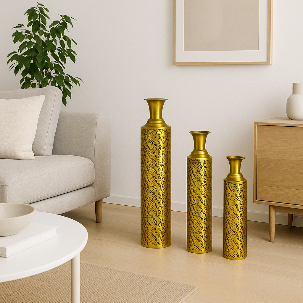 3-Piece Metal Floor Vase Set – Tall & Large Handmade Decorative Vases, gold