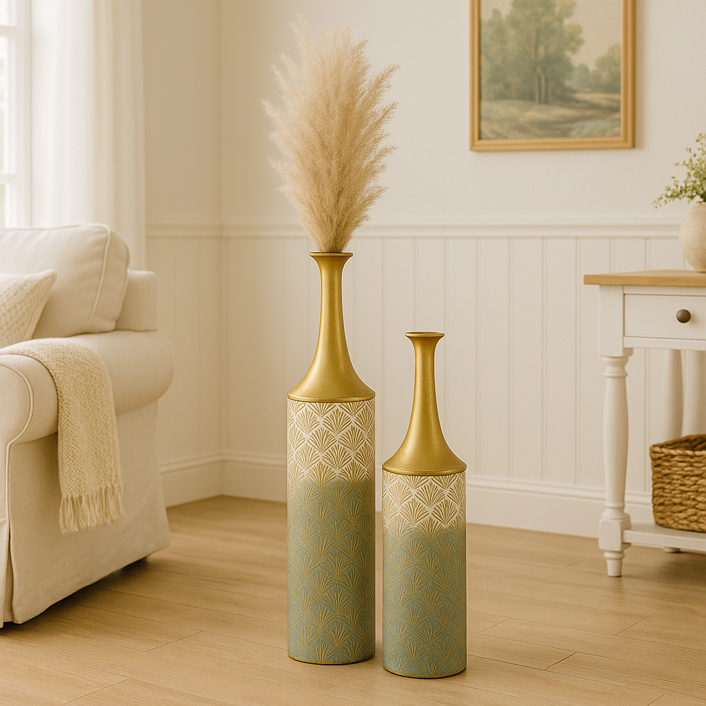 Metal Floor Vase Set of 2 – Tall & Large Handmade Standing Vases, 26/23 inches, gold, white
