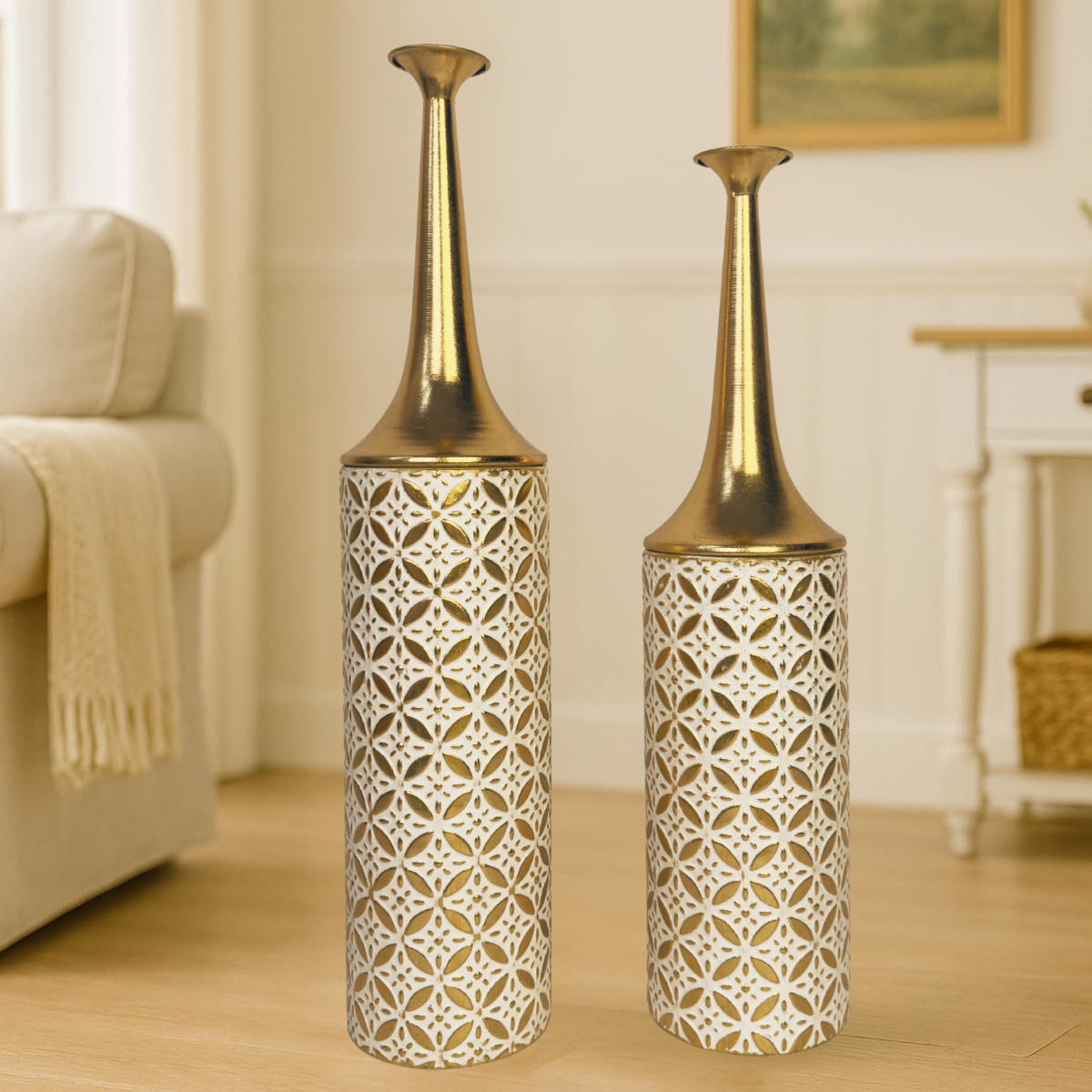 Metal Floor Vase Set of 2 – Tall & Large Handmade Standing Vases, 26/23 inches, gold