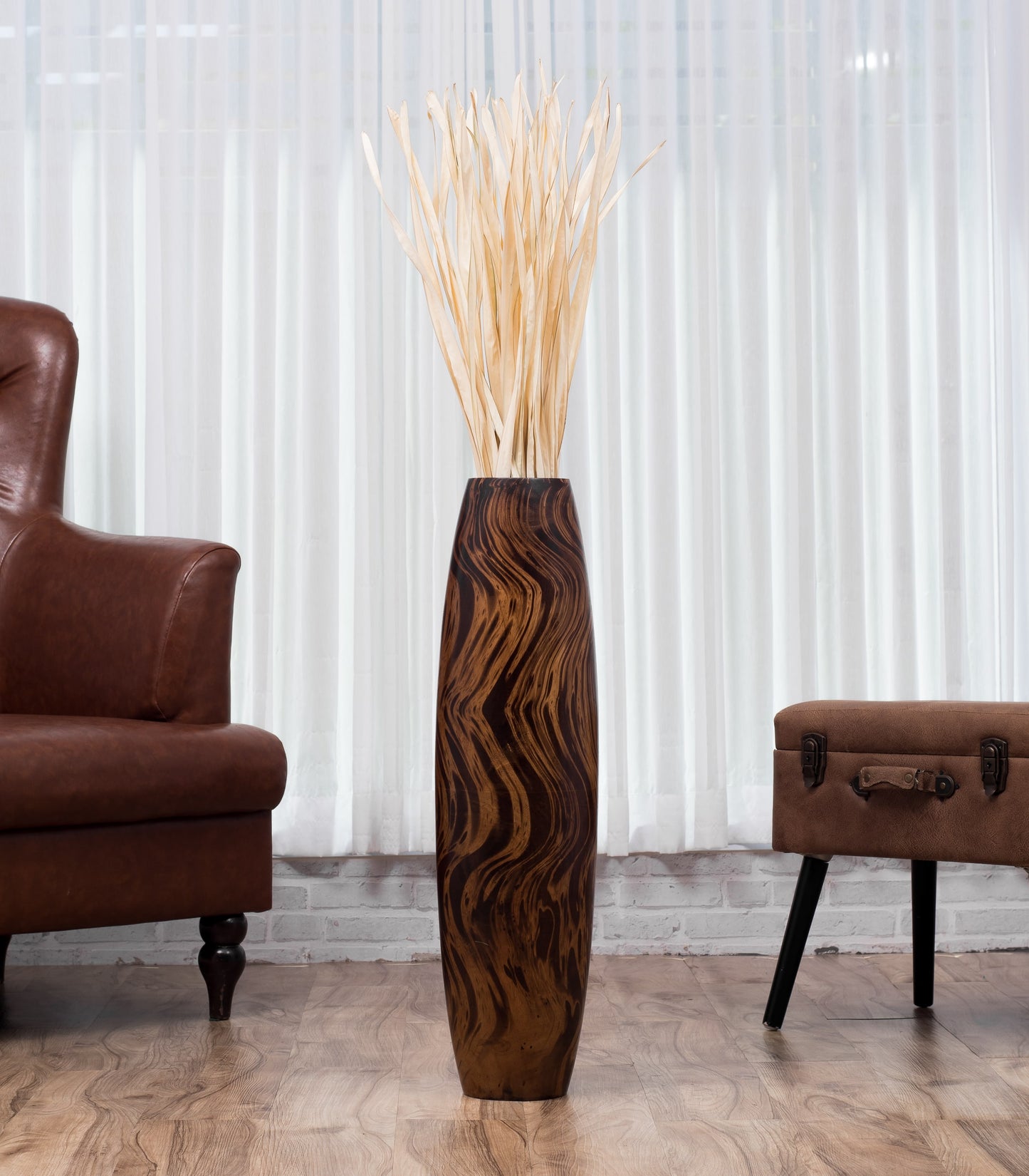 Large Mango Wood Floor Vase – Handcrafted Decorative Highlight from Thailand, 26 inches