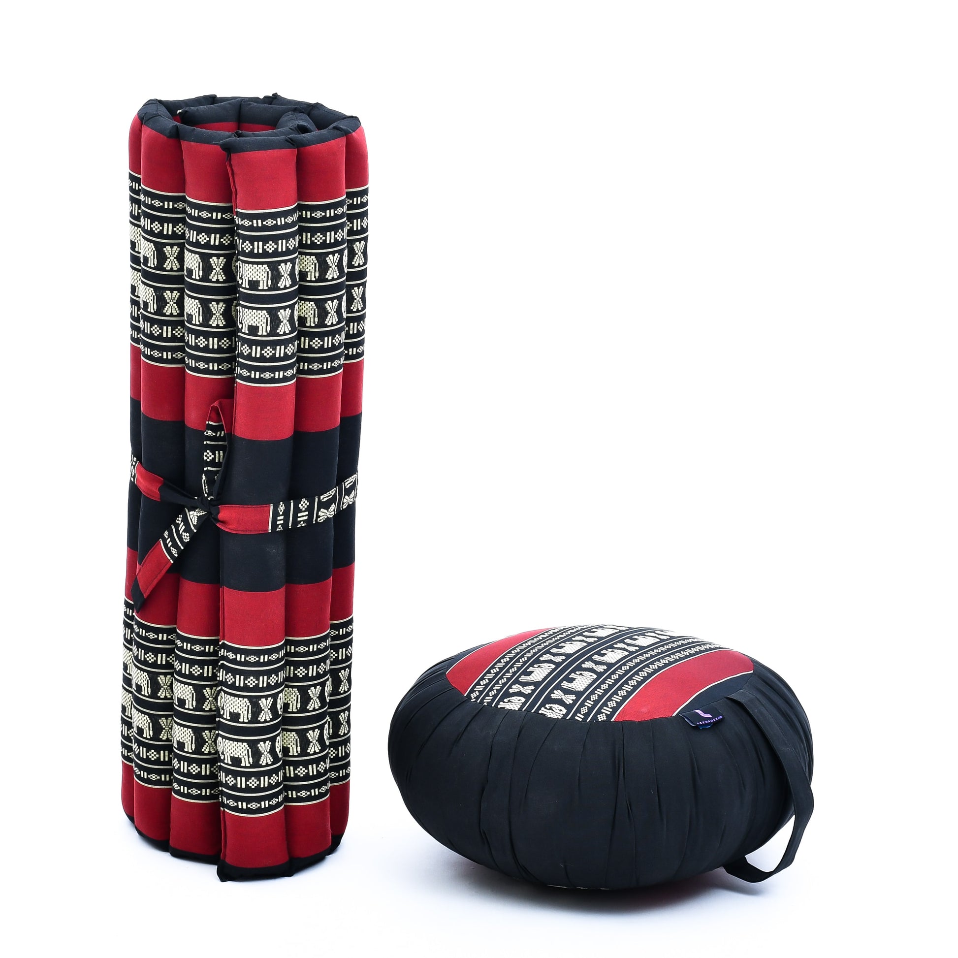 Kapok Meditation Cushion Set – Zabuton Mat & Zafu Seat Cushion with Cotton Cover, Sf13 - Red, Black