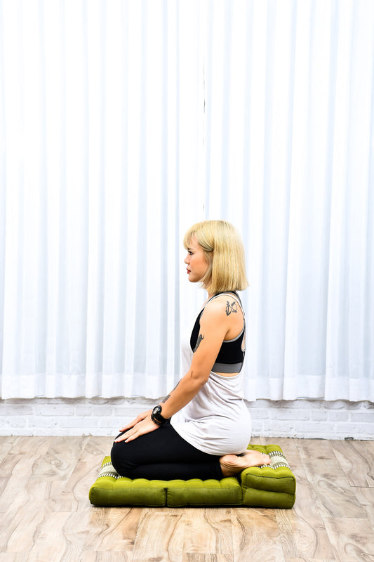 Foldable Meditation Cushion – Compact Kapok Seat with Foot Pad and Cotton Cover in Solid Colors or Thai Pattern, Sf17 - Green