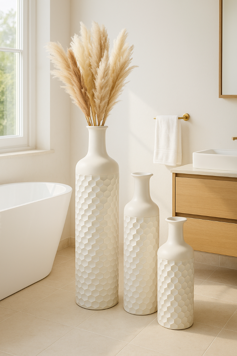 3-Piece Metal Floor Vase Set – Tall & Large Handmade Decorative Vases, white