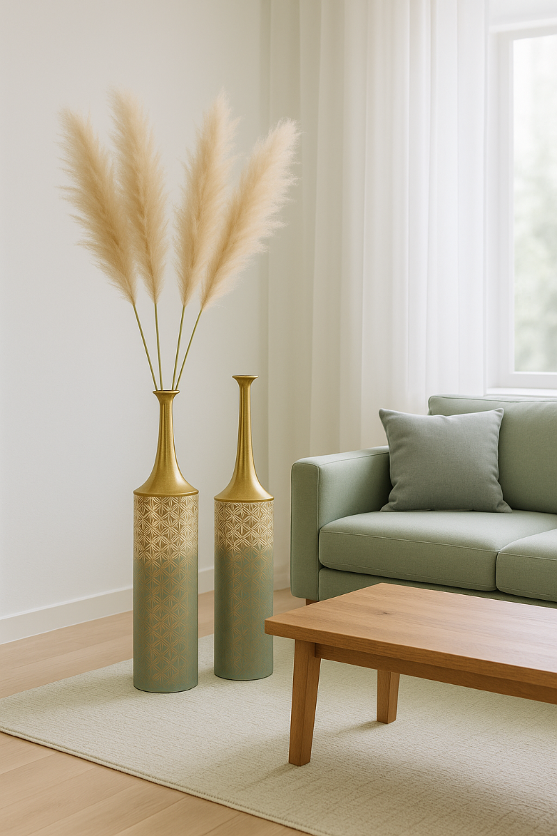 Metal Floor Vase Set of 2 – Tall & Large Handmade Standing Vases, 26/23 inches, gold, white