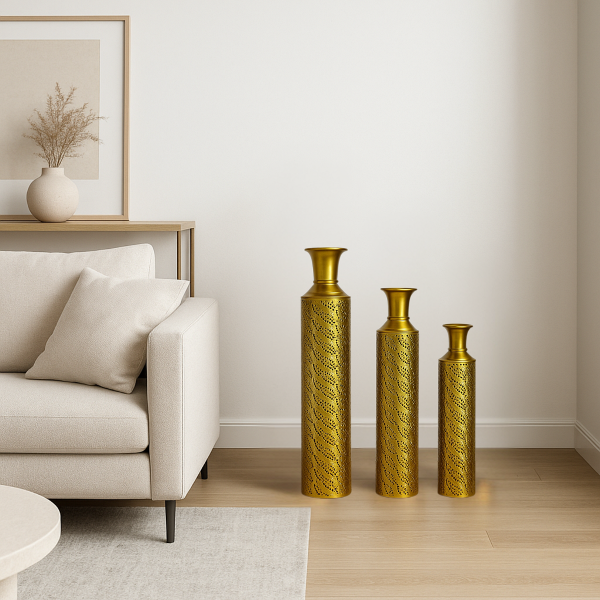 3-Piece Metal Floor Vase Set – Tall & Large Handmade Decorative Vases, gold