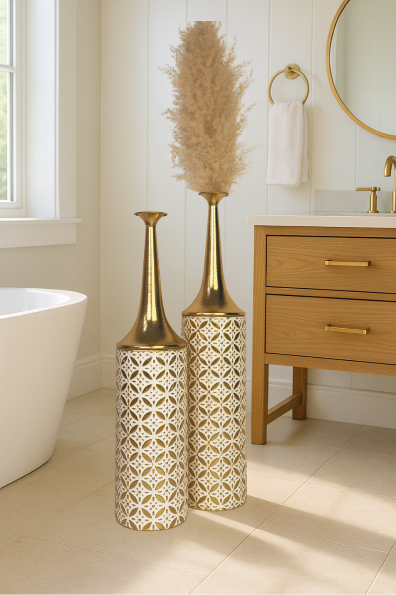 Metal Floor Vase Set of 2 – Tall & Large Handmade Standing Vases, 26/23 inches, gold