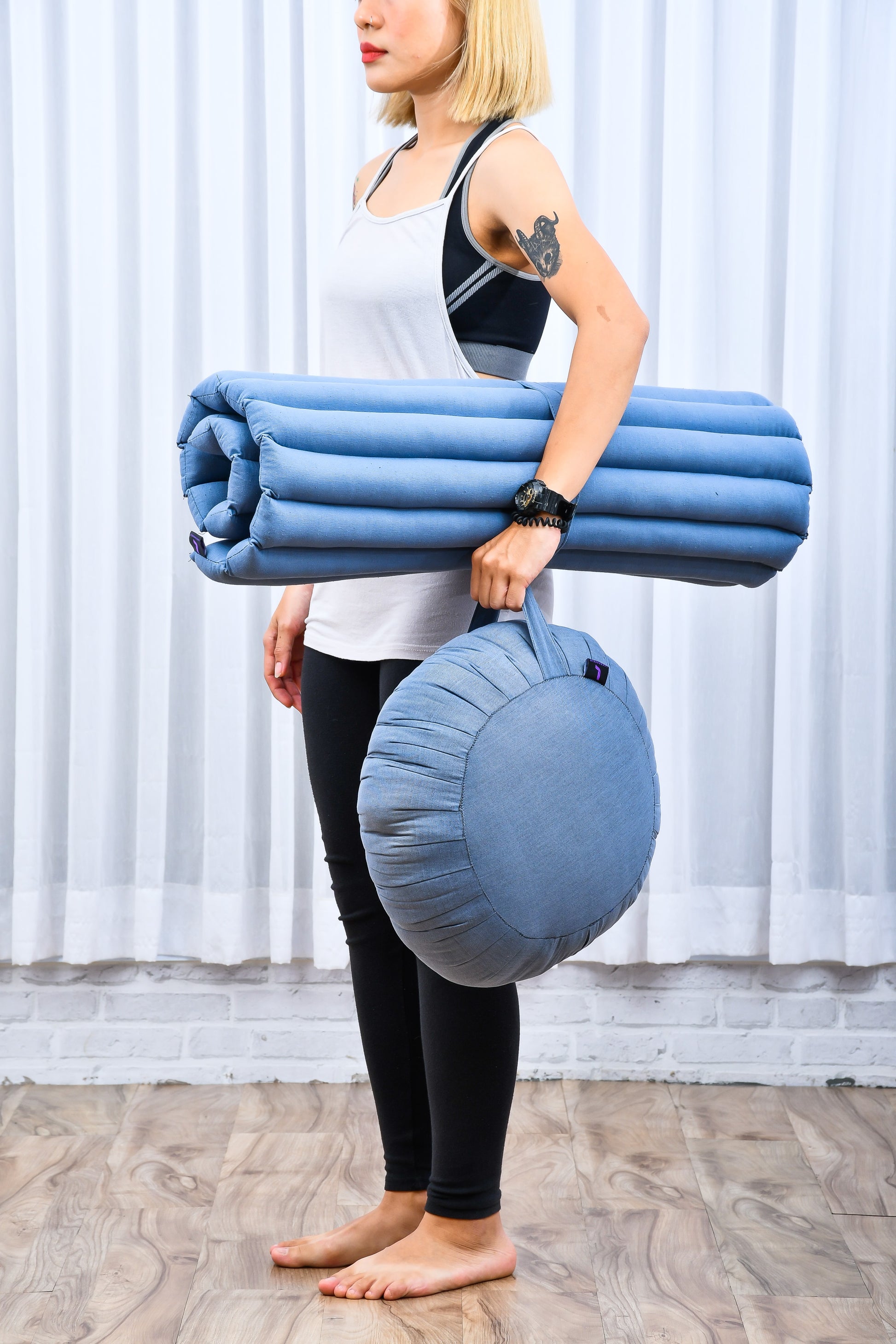 Kapok Meditation Cushion Set – Zabuton Mat & Zafu Seat Cushion with Cotton Cover, Cl13 - Grey