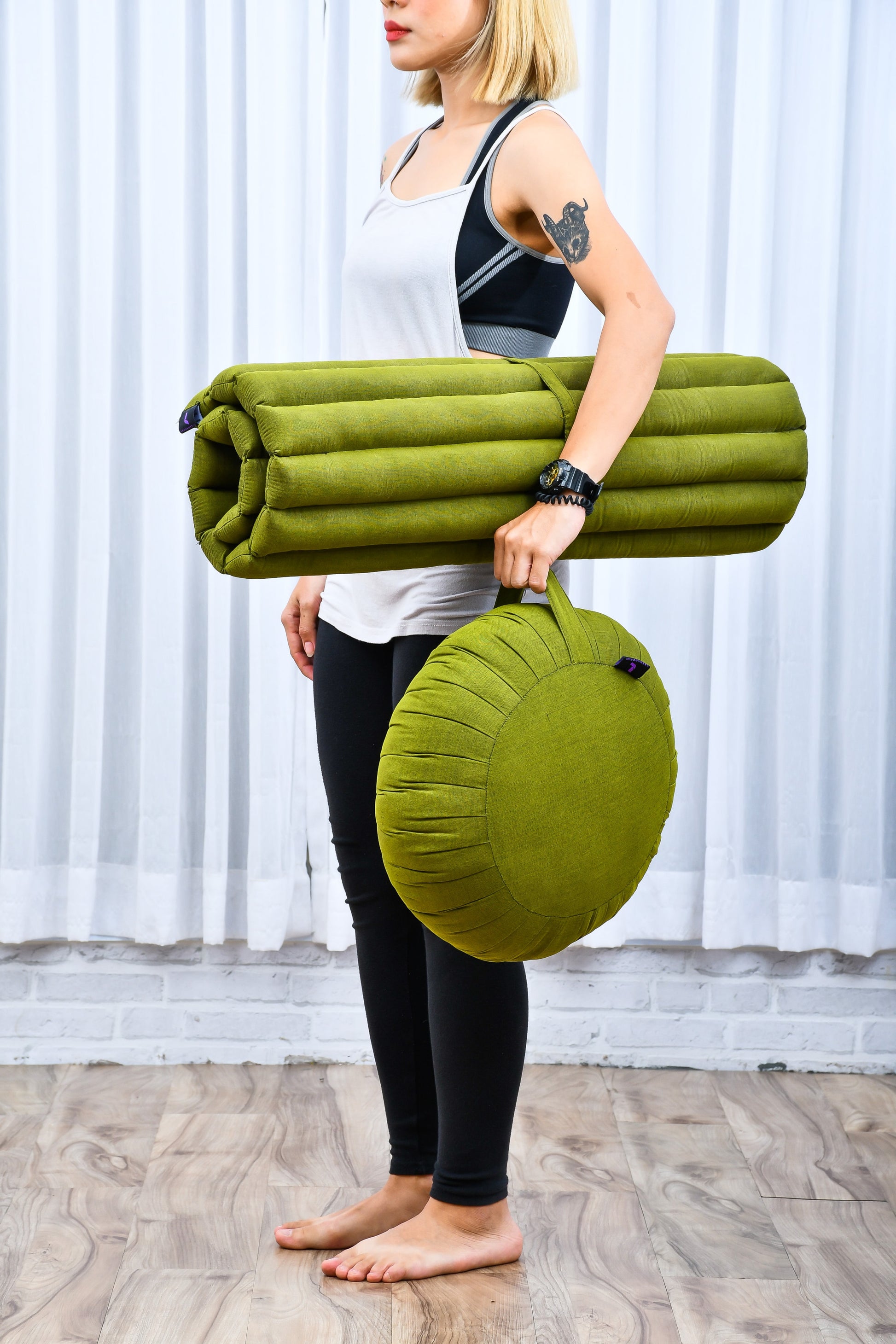 Kapok Meditation Cushion Set – Zabuton Mat & Zafu Seat Cushion with Cotton Cover, Cl23 - Green