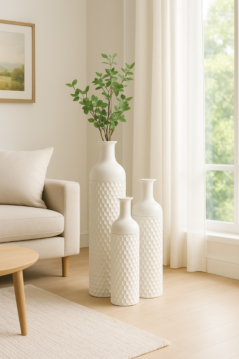 3-Piece Metal Floor Vase Set – Tall & Large Handmade Decorative Vases, white
