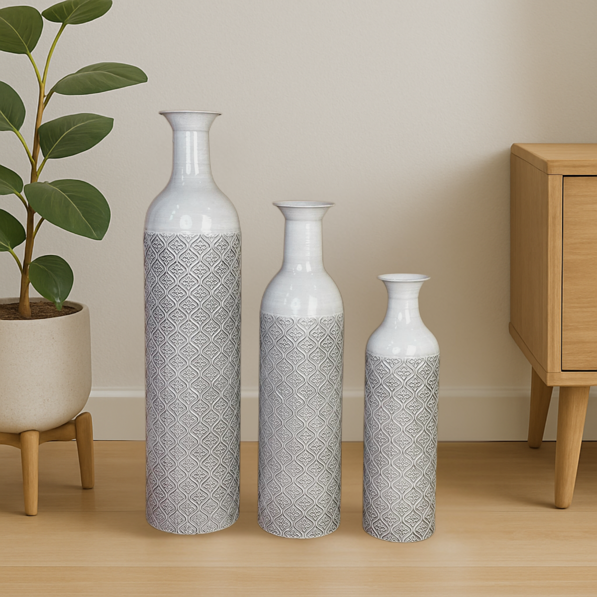 3-Piece Metal Floor Vase Set – Tall & Large Handmade Decorative Vases, white, grey
