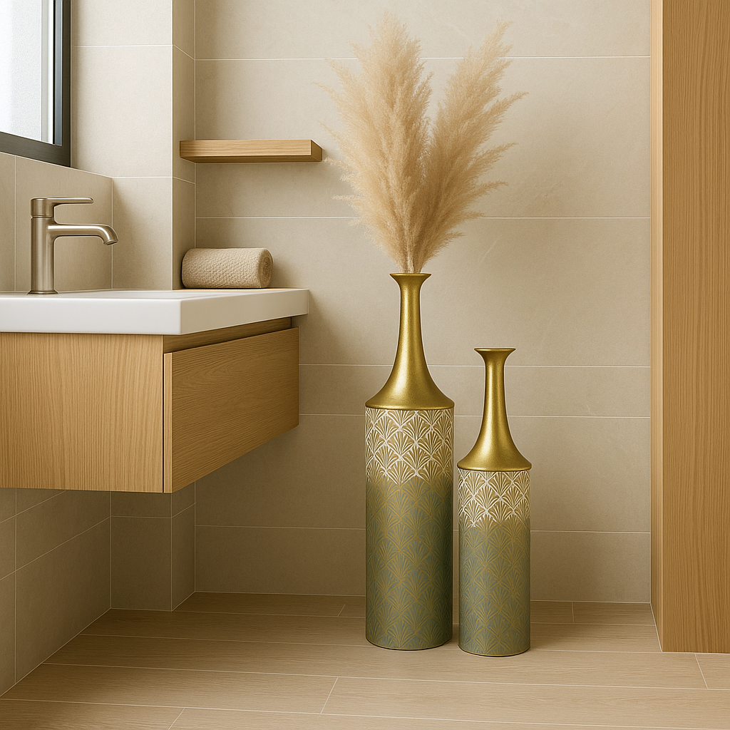 Metal Floor Vase Set of 2 – Tall & Large Handmade Standing Vases, 26/23 inches, gold, white