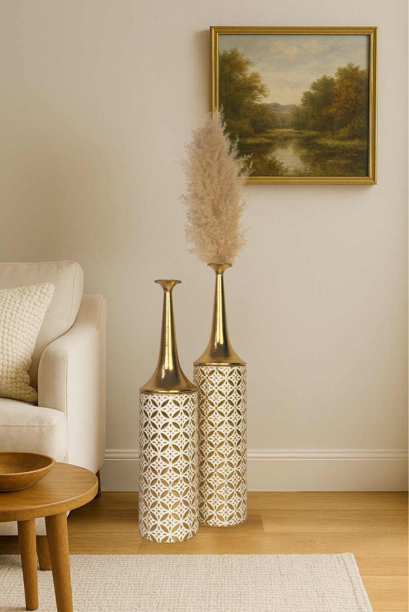 Metal Floor Vase Set of 2 – Tall & Large Handmade Standing Vases, 26/23 inches, gold