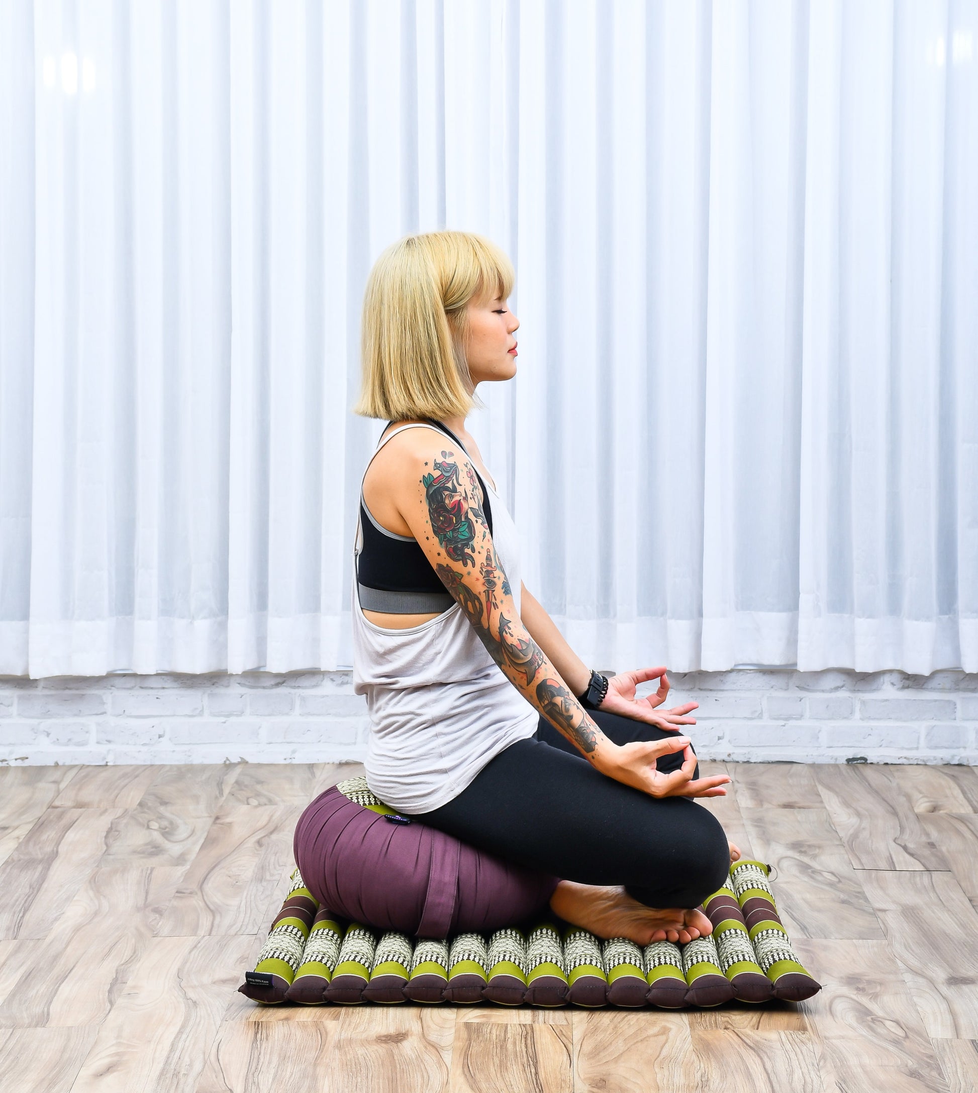 Kapok Meditation Cushion Set – Zabuton Mat & Zafu Seat Cushion with Cotton Cover, Sf20 - Brown, Green