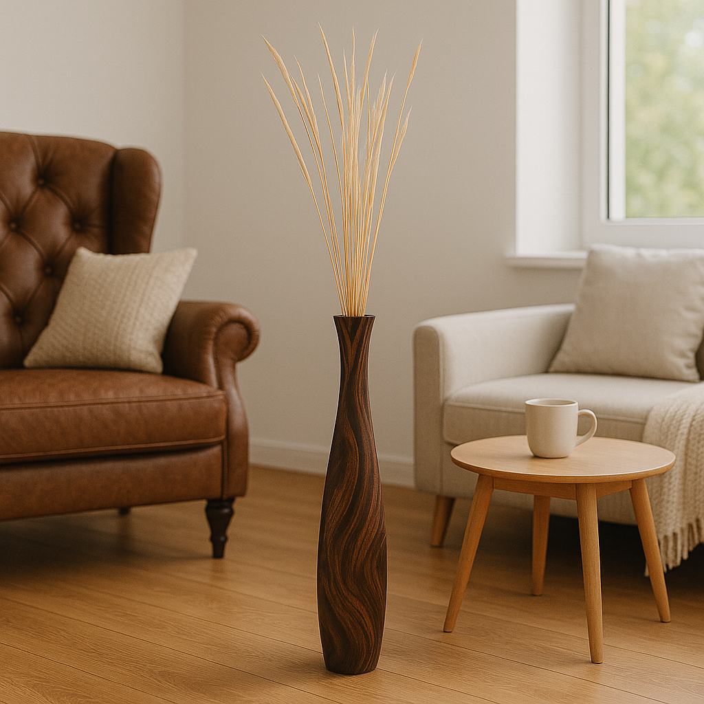 Large Mango Wood Floor Vase – Handcrafted Decorative Highlight from Thailand, 26 inches