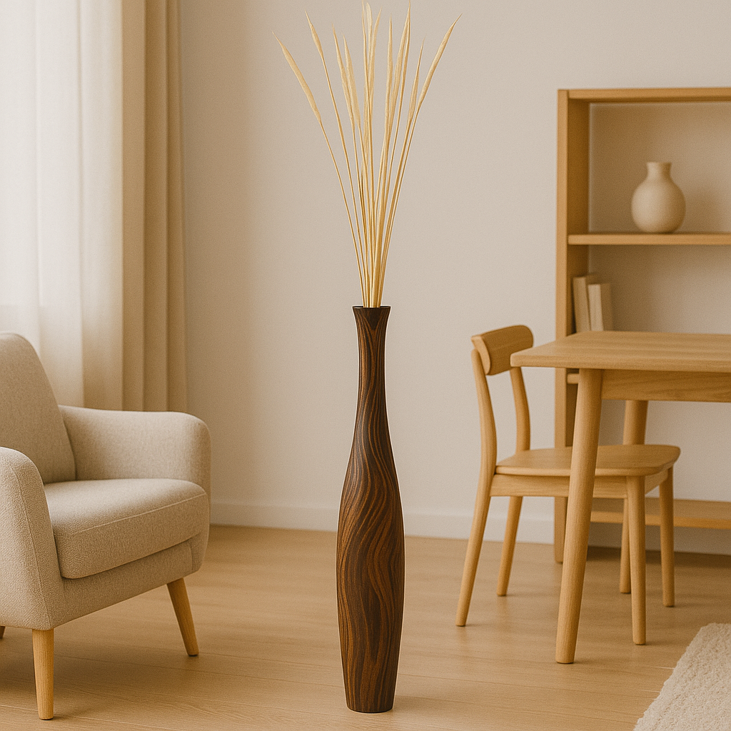 Large Mango Wood Floor Vase – Handcrafted Decorative Highlight from Thailand, 34 inches
