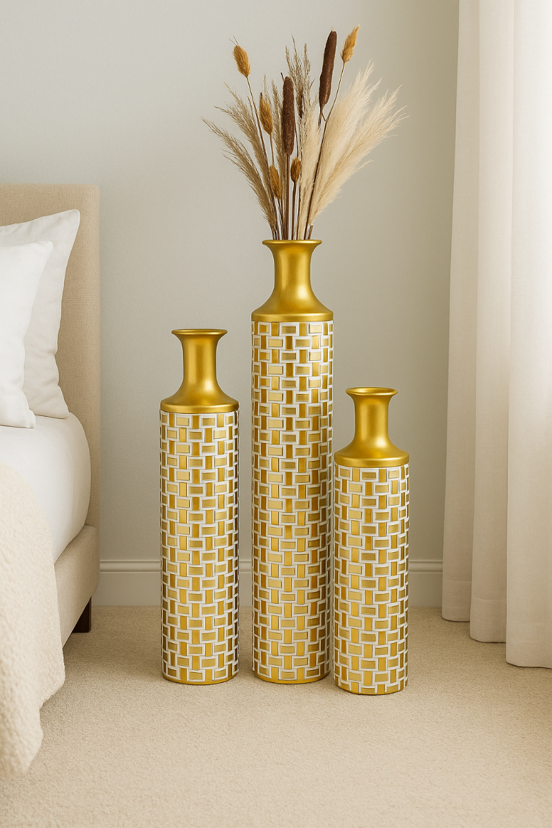 3-Piece Metal Floor Vase Set – Tall & Large Handmade Decorative Vases, gold, white
