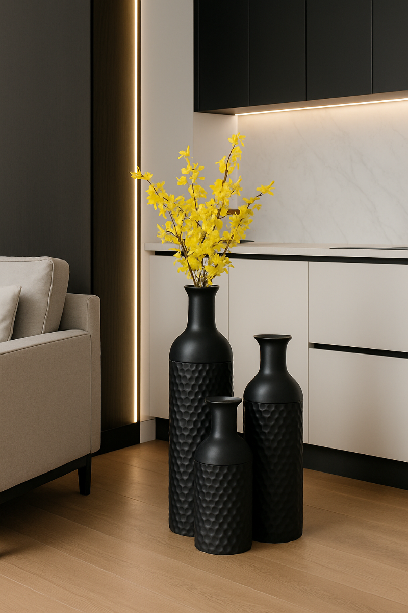 3-Piece Metal Floor Vase Set – Tall & Large Handmade Decorative Vases, black