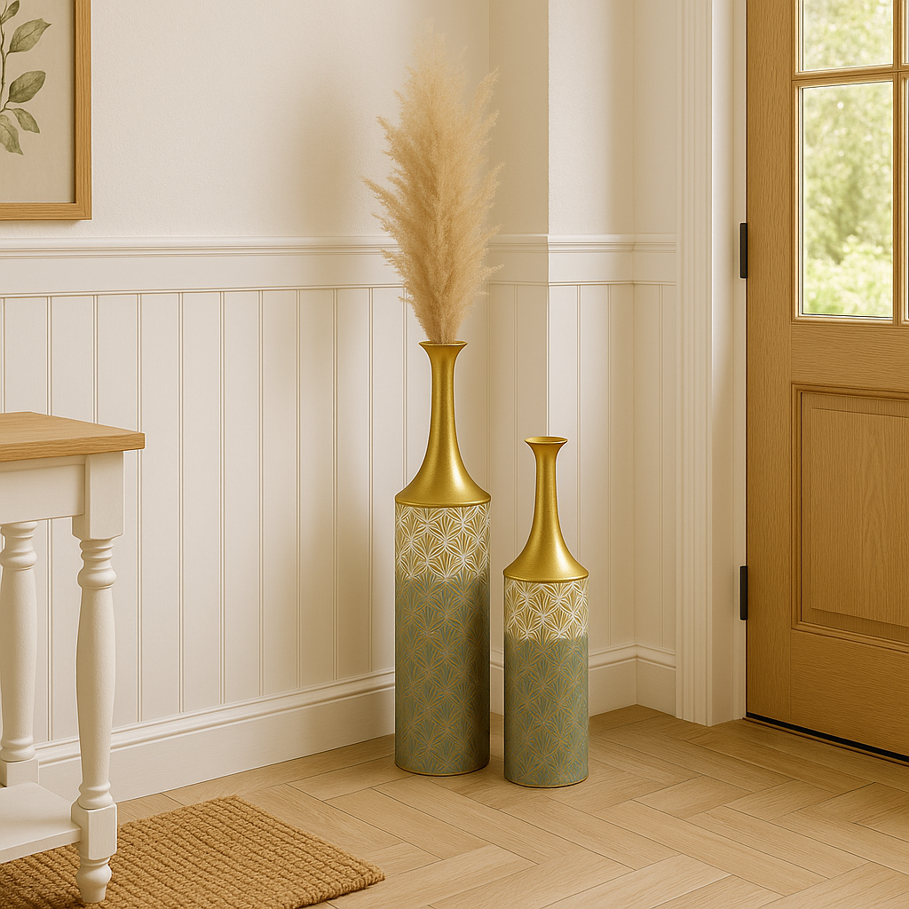 Metal Floor Vase Set of 2 – Tall & Large Handmade Standing Vases, 26/23 inches, gold, white