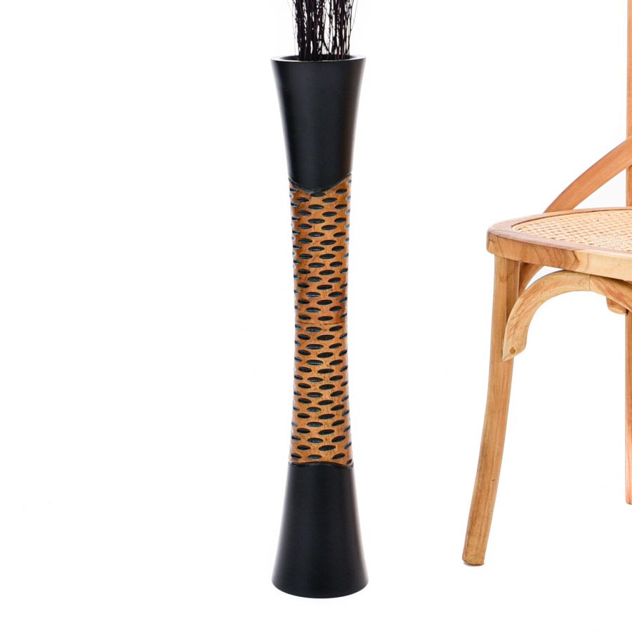 Leewadee Grand Vase de Sol Haut 65 cm - Vase Noir Bois de Manguier Fait Main Herbes de la Pampa