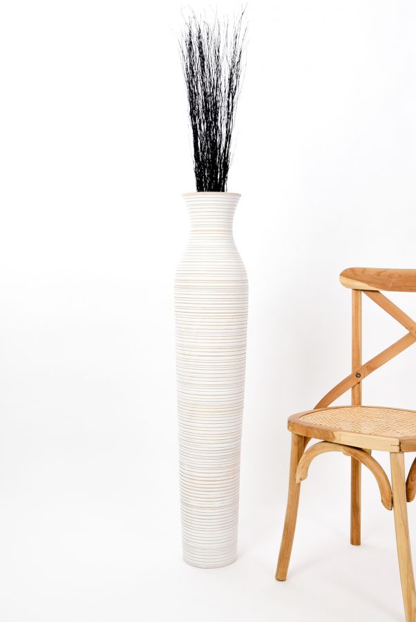 Leewadee Grand Vase de Sol Haut 105 cm - Vase Blanc Bois de Manguier Fait Main Herbes de la Pampa