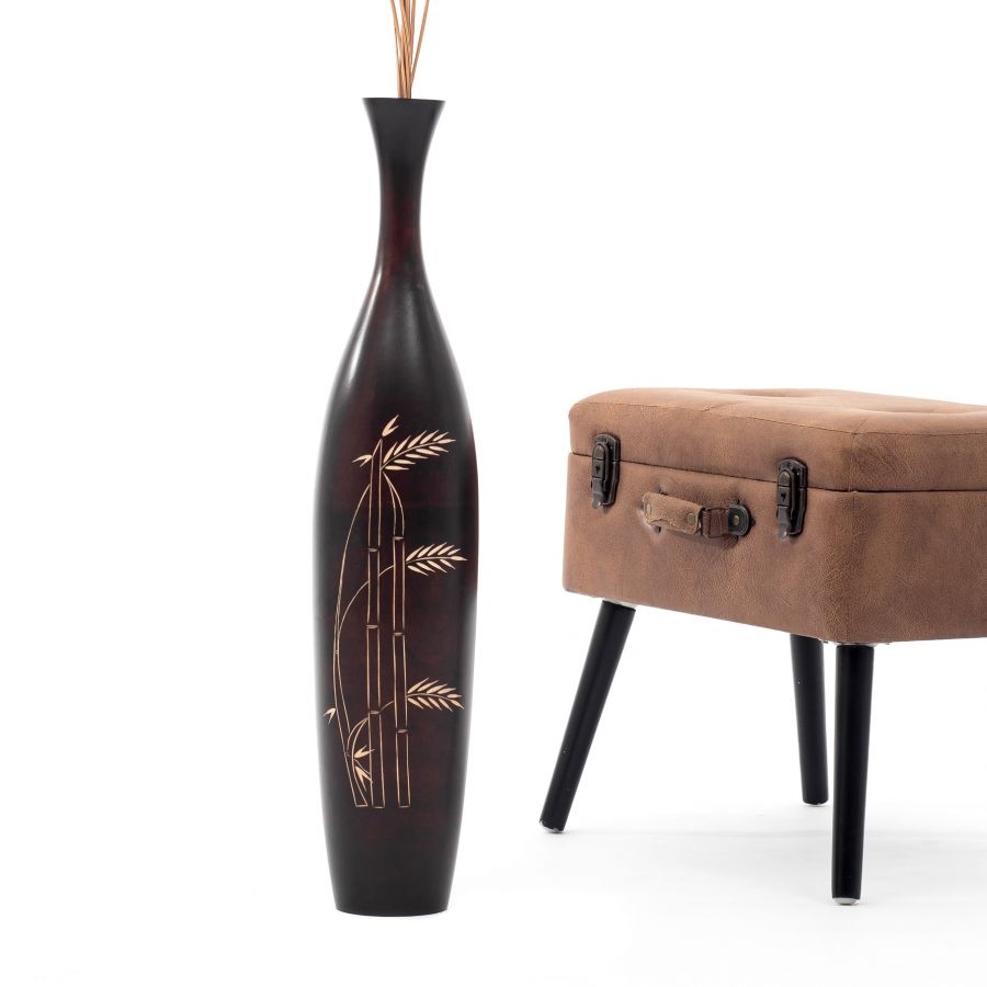 Leewadee Grand Vase de Sol Haut 65 cm - Vase Marron Bois de Manguier Fait Main Herbes de la Pampa