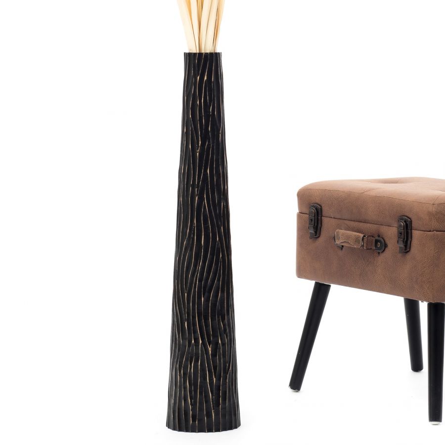 Leewadee Grand Vase de Sol Haut 65 cm - Vase Noir Bois de Manguier Fait Main Herbes de la Pampa