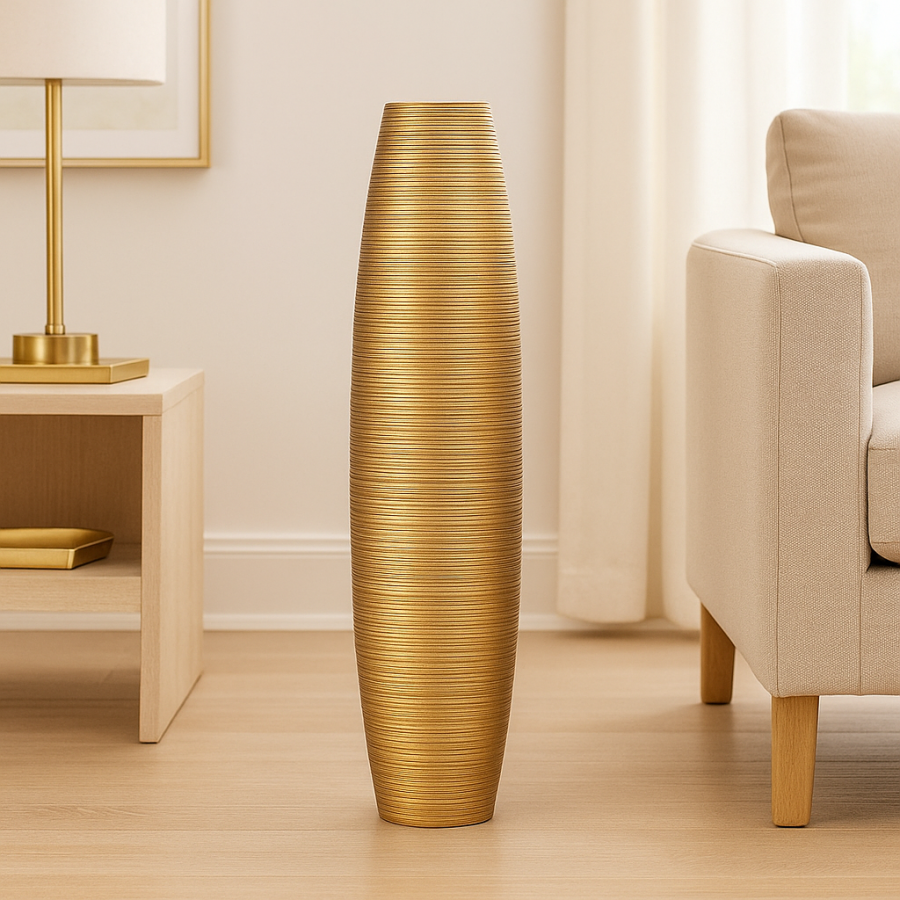 Leewadee Grand Vase de Sol Haut 65 cm - Vase Doré Bois de Manguier Fait Main Herbes de la Pampa & Fleurs Séchées