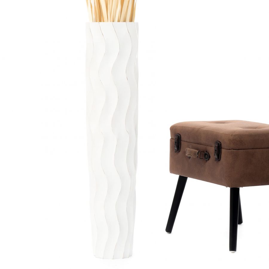 Leewadee Grand Vase de Sol Haut 85 cm - Vase Blanc Bois de Manguier Fait Main Herbes de la Pampa & Fleurs Séchées