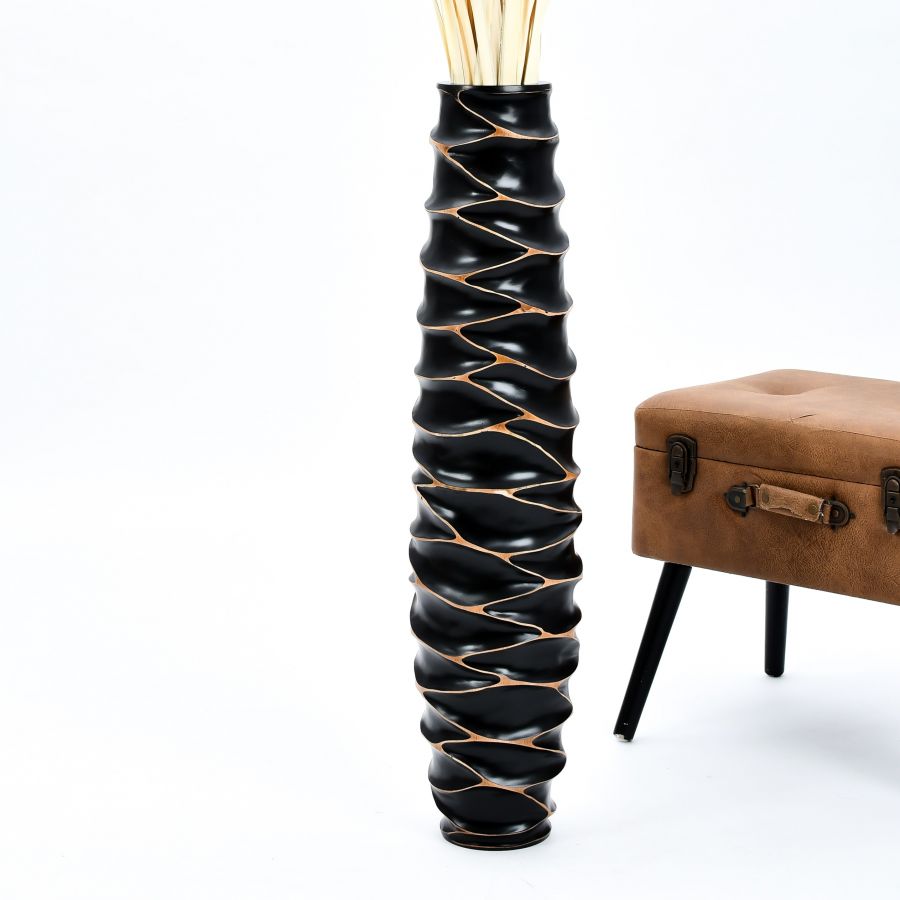 Leewadee Grand Vase de Sol Haut 85 cm - Vase Noir Bois de Manguier Fait Main Herbes de la Pampa & Fleurs Séchées