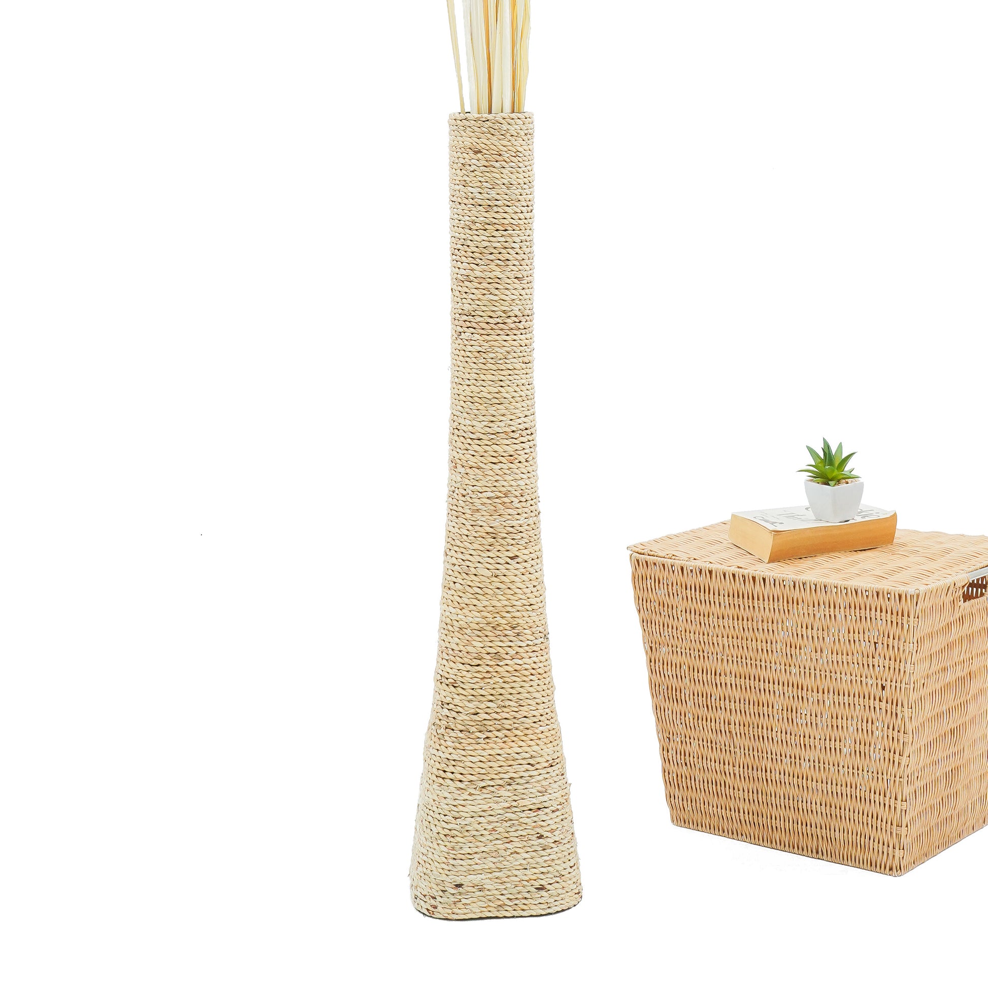 Large & Tall Floor Vase Made of Water Hyacinth and Bamboo – Handwoven Decorative Stand Vase for Dried Flowers & Branches, ecru, 36 inches - Model 2