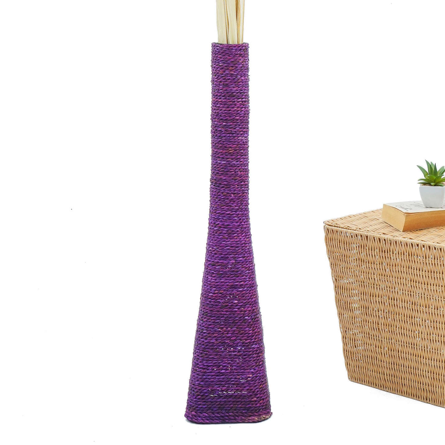 Large & Tall Floor Vase Made of Water Hyacinth and Bamboo – Handwoven Decorative Stand Vase for Dried Flowers & Branches, lavender, 28 inches - Model 2