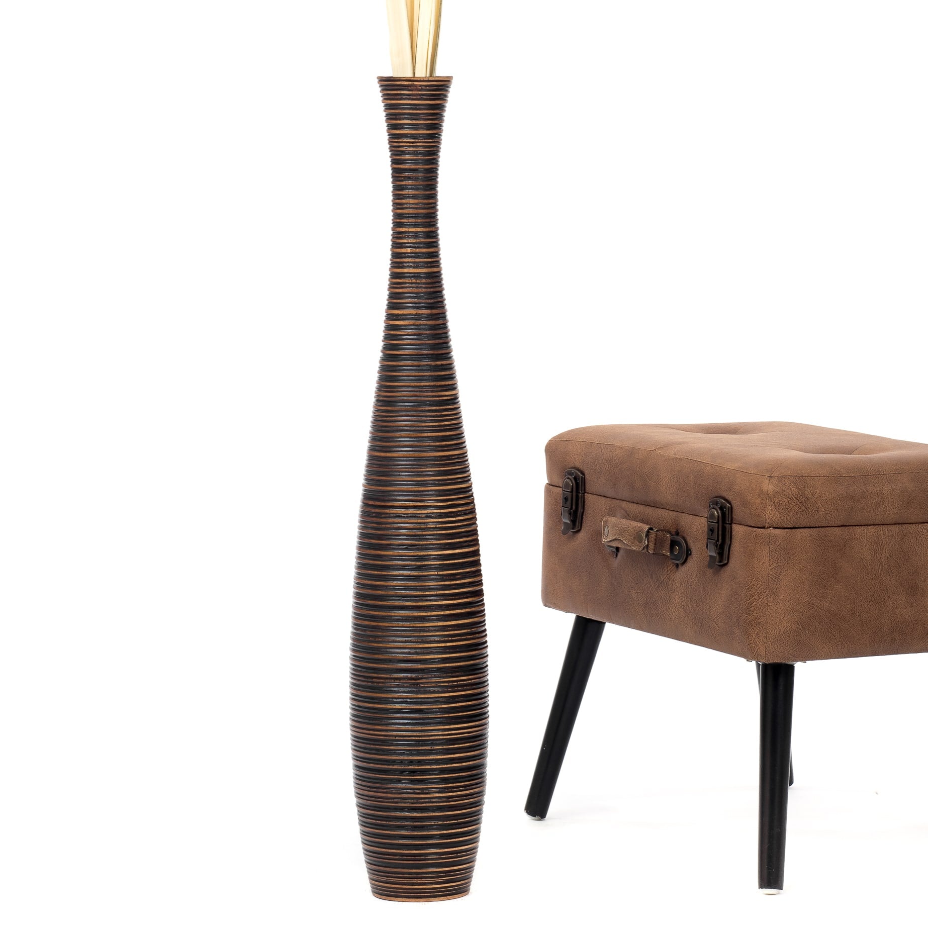 Large Mango Wood Floor Vase – Handcrafted Decorative Highlight from Thailand, 34 inches