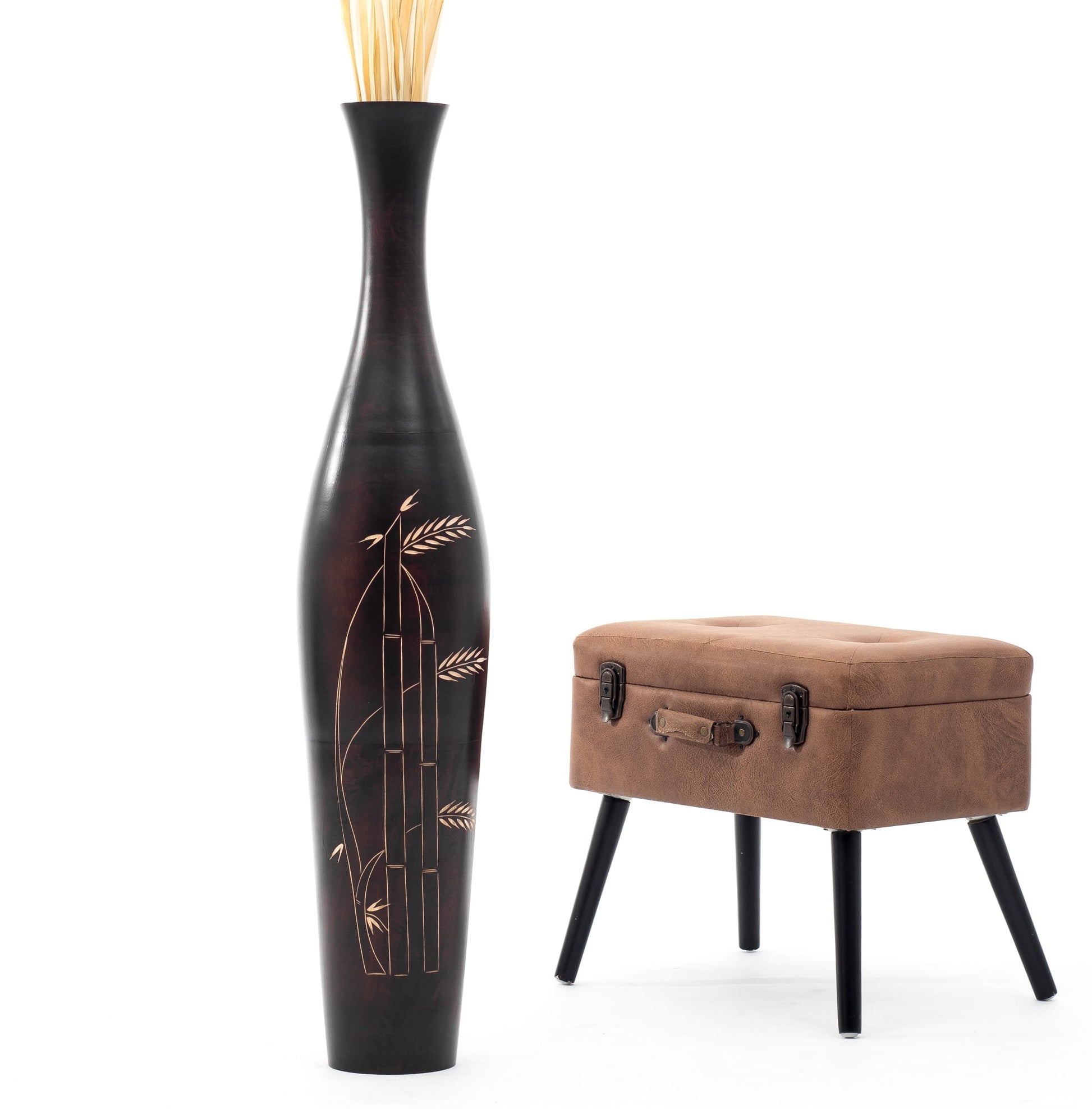 Large Mango Wood Floor Vase – Handcrafted Decorative Highlight from Thailand, brown, 41 inches