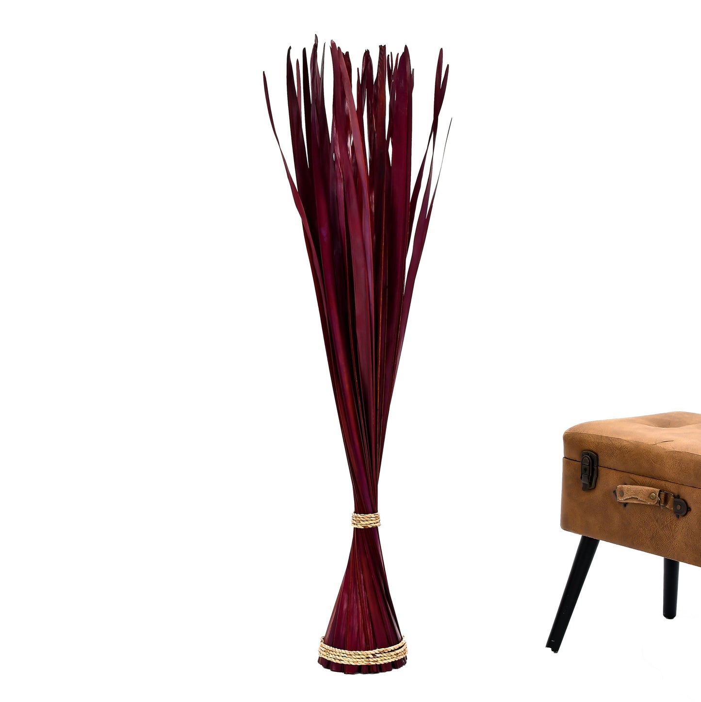 Freestanding Dried Grass Bundle – Natural Floor Decoration with Raffia Band, bordeaux, Palm Leaf- 47 inches
