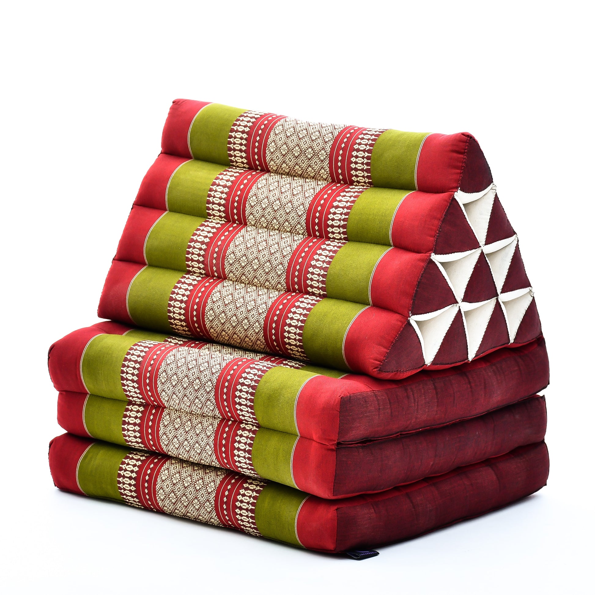 Thai Folding Mat with Triangle Cushion – Handmade Kapok Relax Mat for Sleeping, Reading & Lounging, Sf11 - Red, Green, 3 seating segments