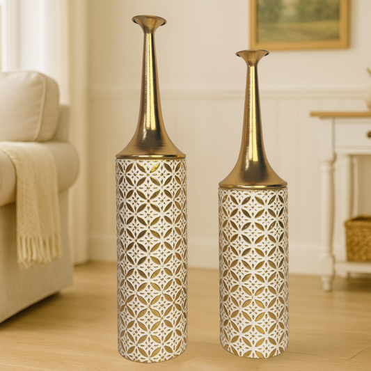 Metal Floor Vase Set of 2 – Tall & Large Handmade Standing Vases, 26/23 inches, gold