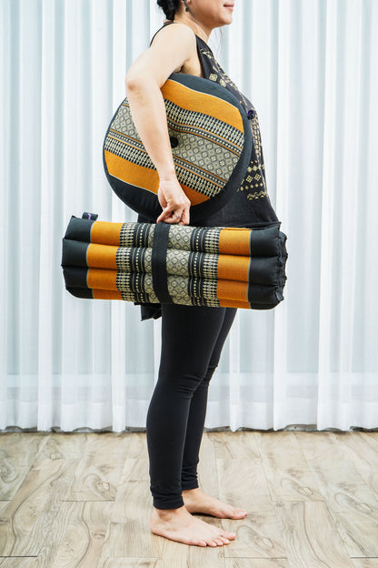 Compact Meditation Cushion Set Made of Kapok – Small Zabuton & Zafu with Cotton Cover, Sf03 - Black, Orange