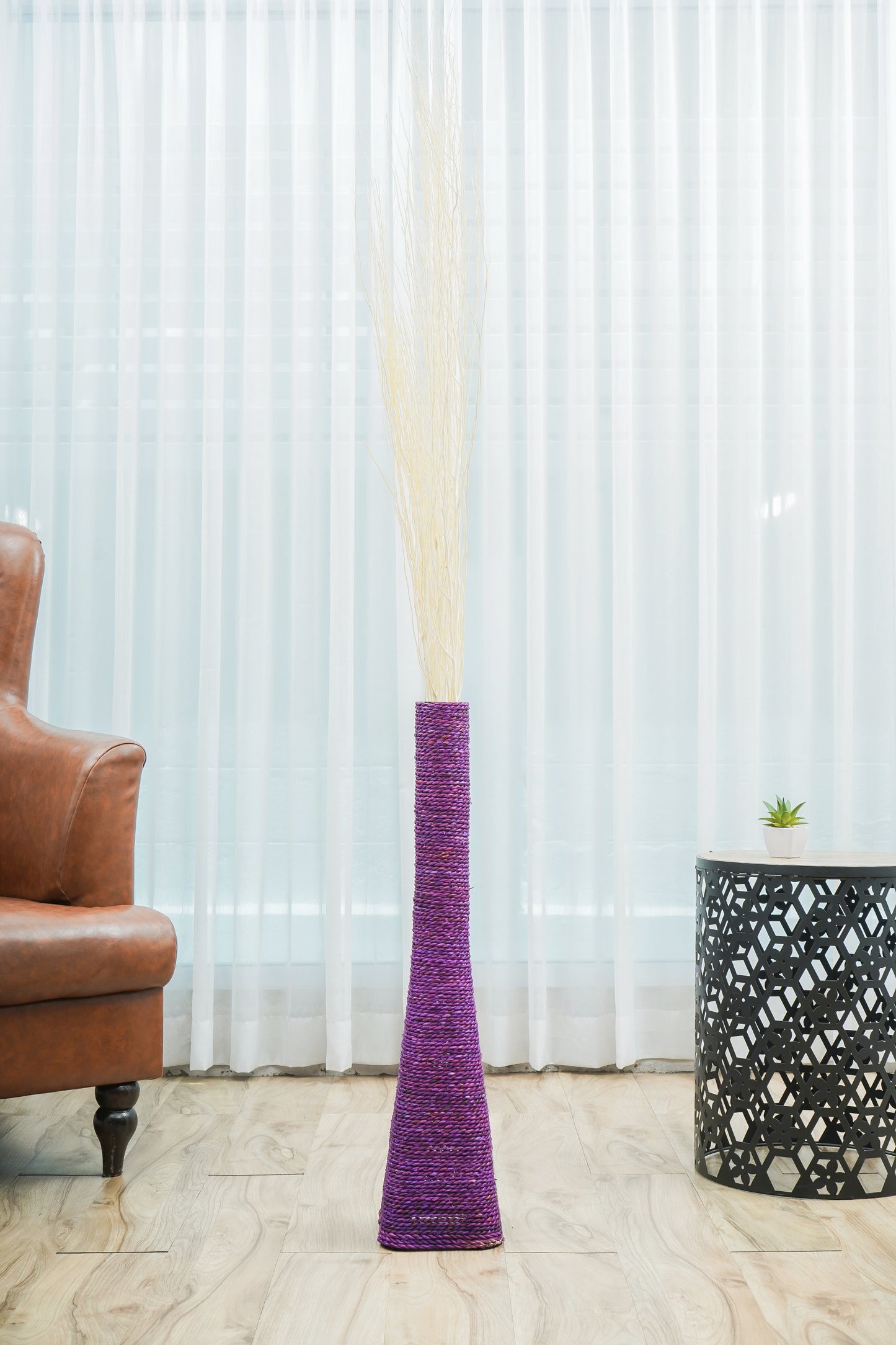 Large & Tall Floor Vase Made of Water Hyacinth and Bamboo – Handwoven Decorative Stand Vase for Dried Flowers & Branches, lavender, 28 inches - Model 2