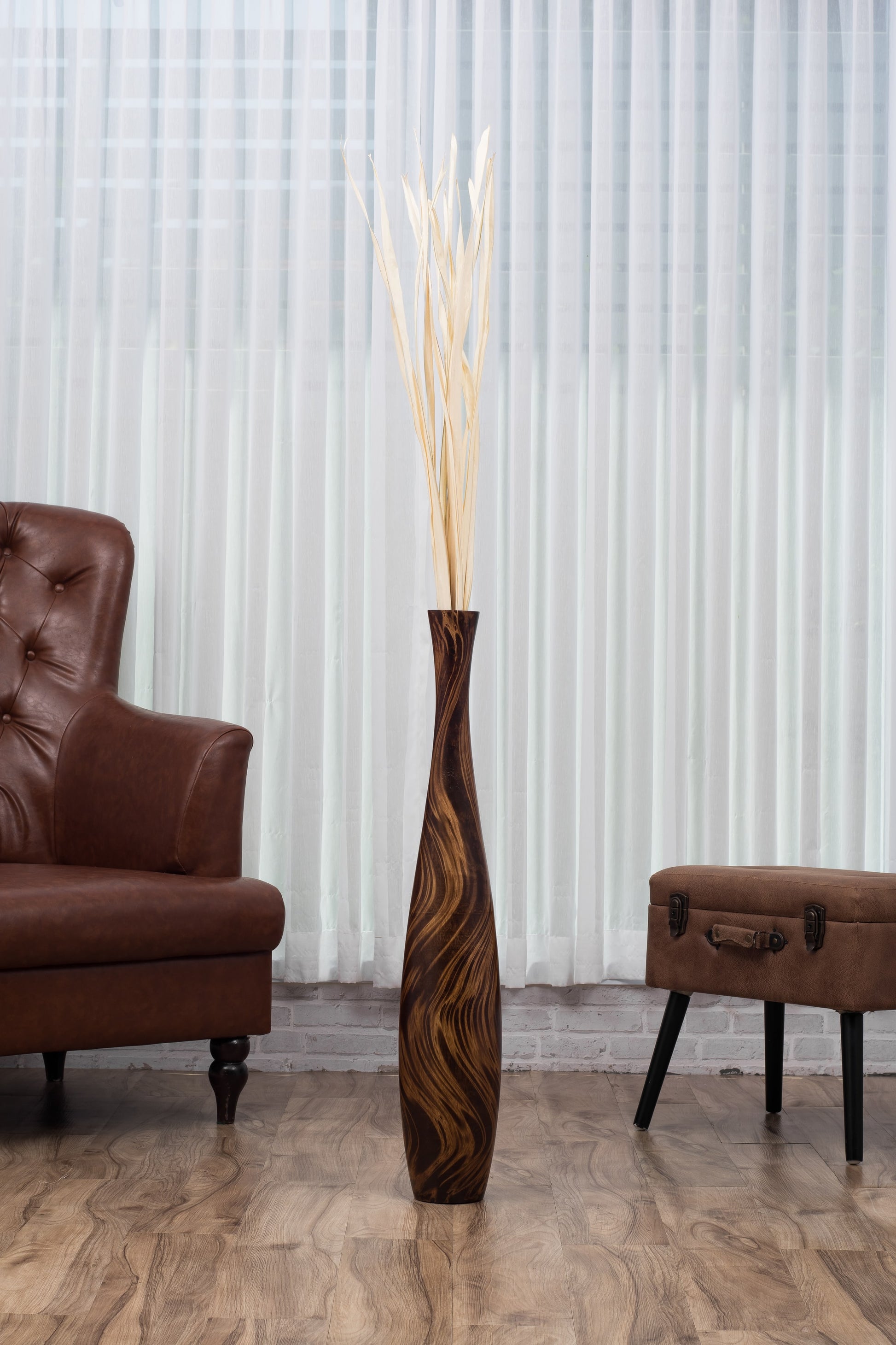 Large Mango Wood Floor Vase – Handcrafted Decorative Highlight from Thailand, brown, light brown, 34 inches