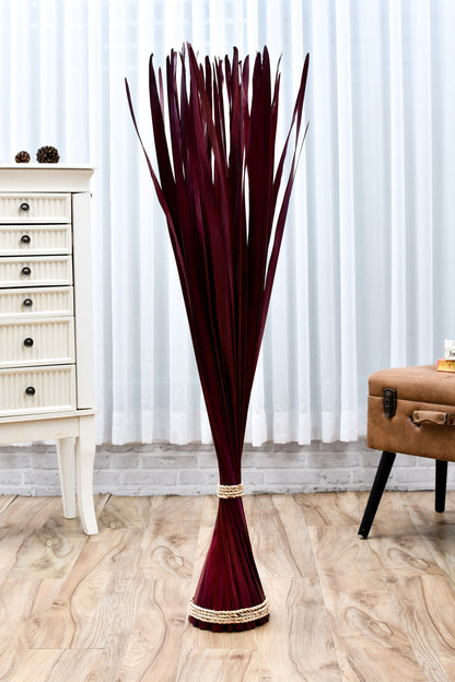 Freestanding Dried Grass Bundle – Natural Floor Decoration with Raffia Band, bordeaux, Palm Leaf- 47 inches