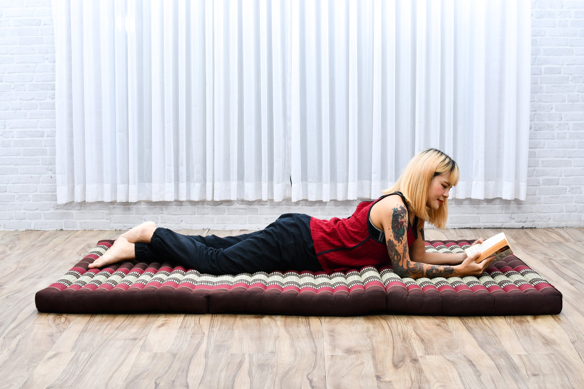 Kapok Folding Mattress – Thick Cotton Padded Guest Bed for Home, Sleeping & Mindfulness Corner, Sf19 - Red, Brown, L: 79x39