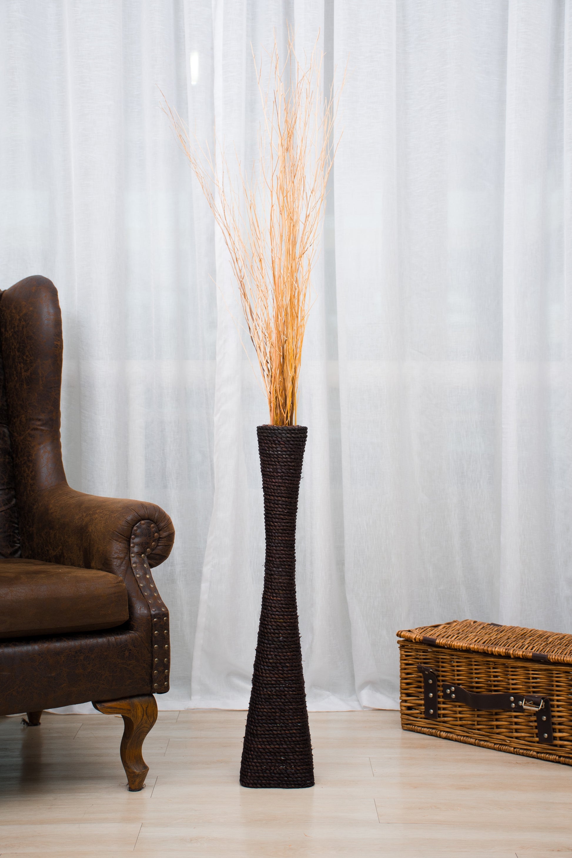 Large & Tall Floor Vase Made of Water Hyacinth and Bamboo – Handwoven Decorative Stand Vase for Dried Flowers & Branches, black, 28 inches - Model 1