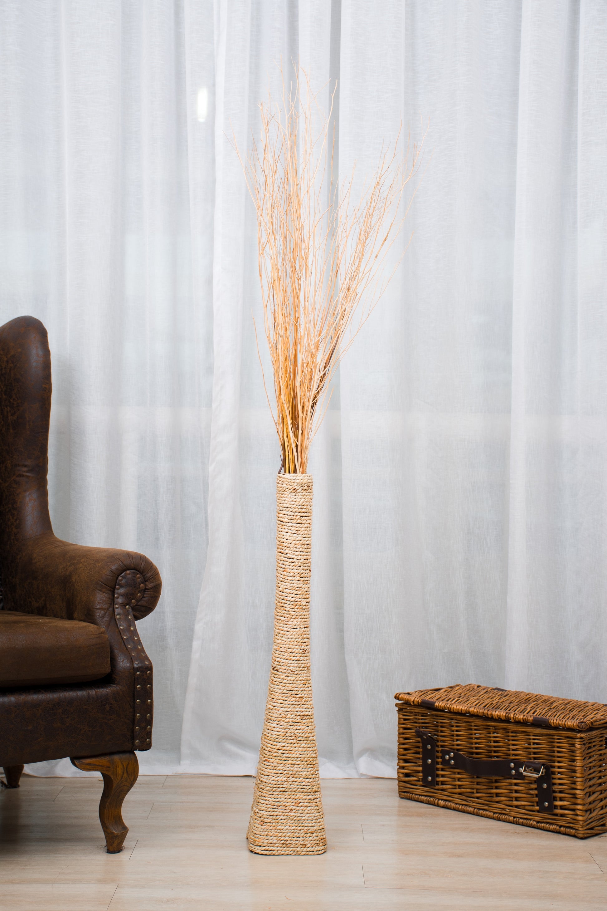 Large & Tall Floor Vase Made of Water Hyacinth and Bamboo – Handwoven Decorative Stand Vase for Dried Flowers & Branches, ecru, 28 inches - Model 2