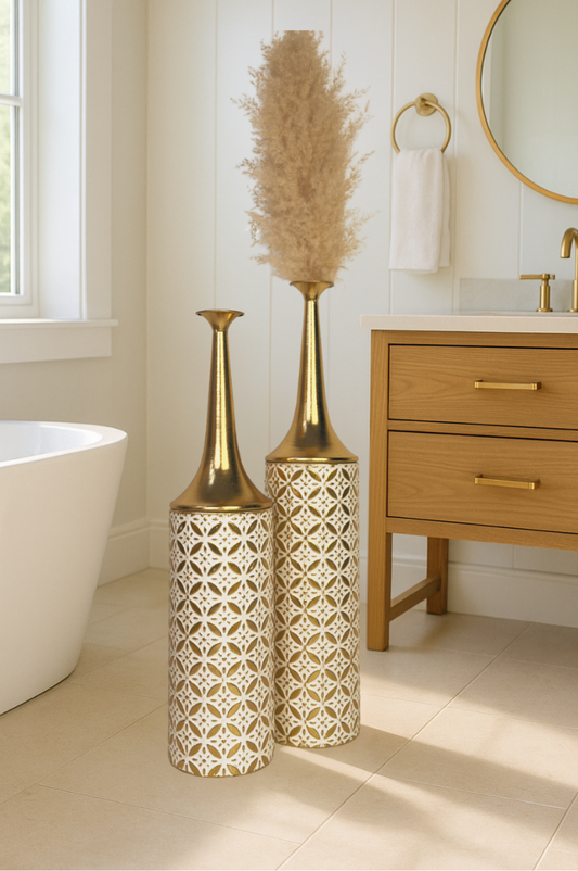 Metal Floor Vase Set of 2 – Tall & Large Handmade Standing Vases, 26/23 inches, gold