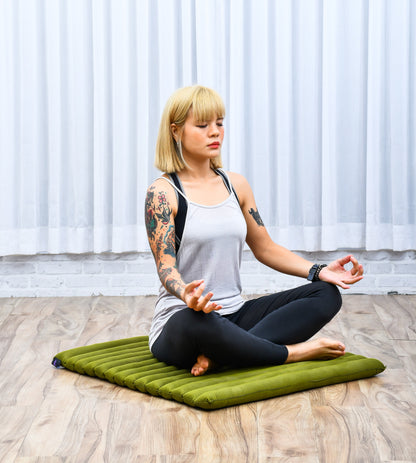 Large Kapok Zabuton Meditation Cushion – Rectangular Floor Mat with Cotton Cover, Cl23 - Green
