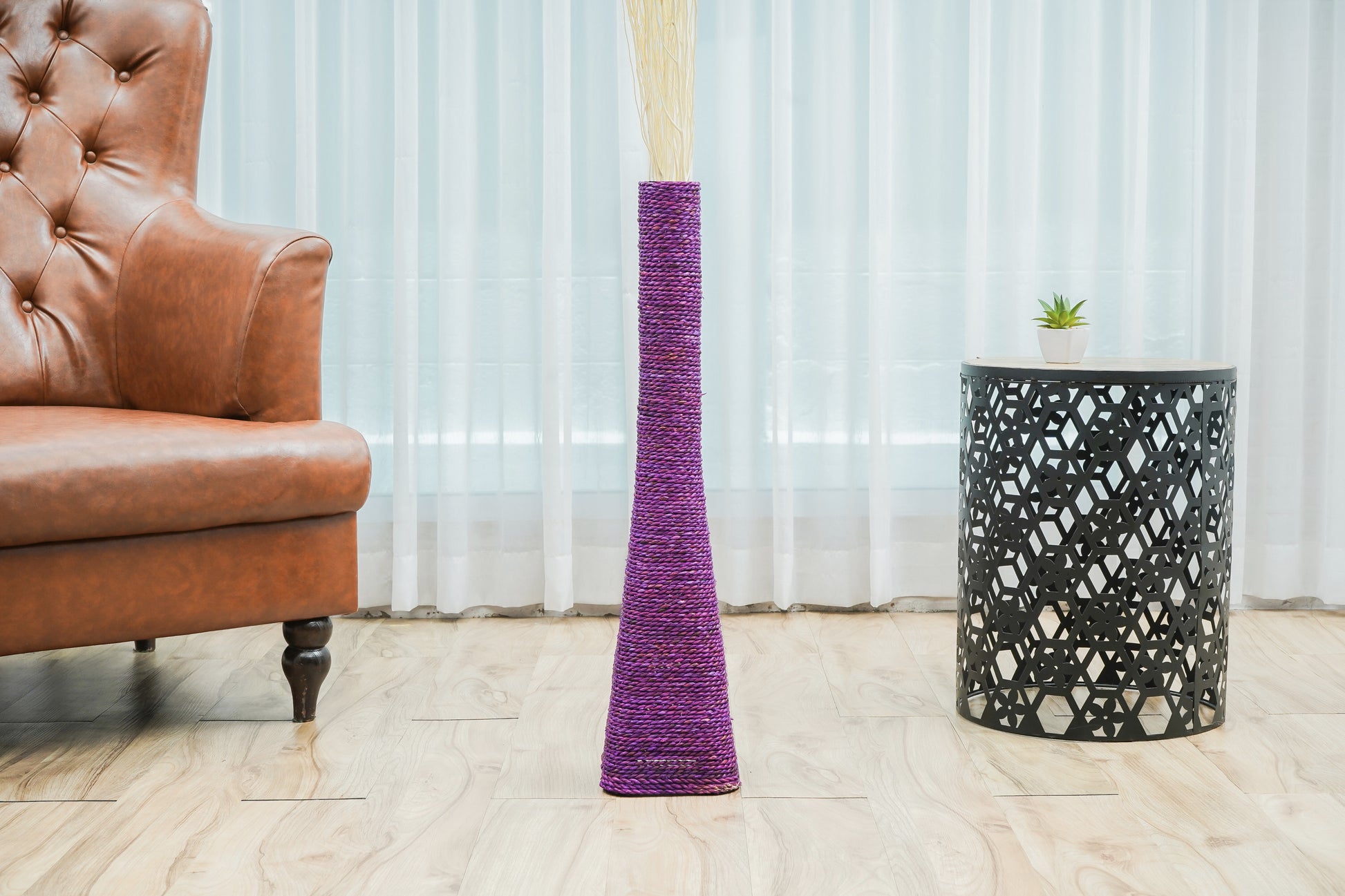 Large & Tall Floor Vase Made of Water Hyacinth and Bamboo – Handwoven Decorative Stand Vase for Dried Flowers & Branches, lavender, 28 inches - Model 2