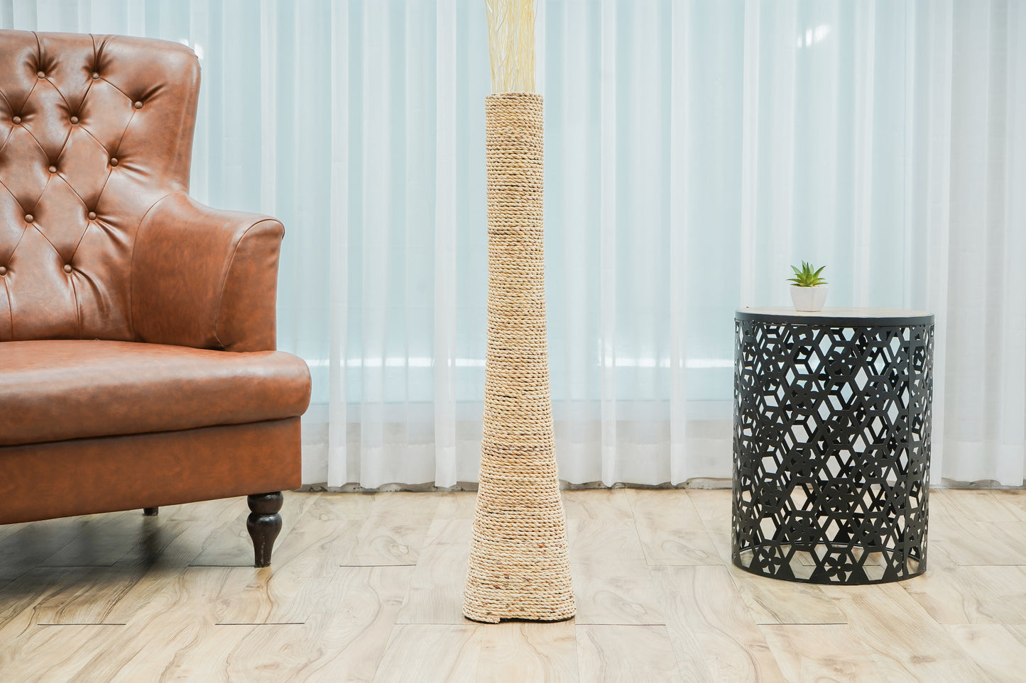 Large & Tall Floor Vase Made of Water Hyacinth and Bamboo – Handwoven Decorative Stand Vase for Dried Flowers & Branches, ecru, 36 inches - Model 2
