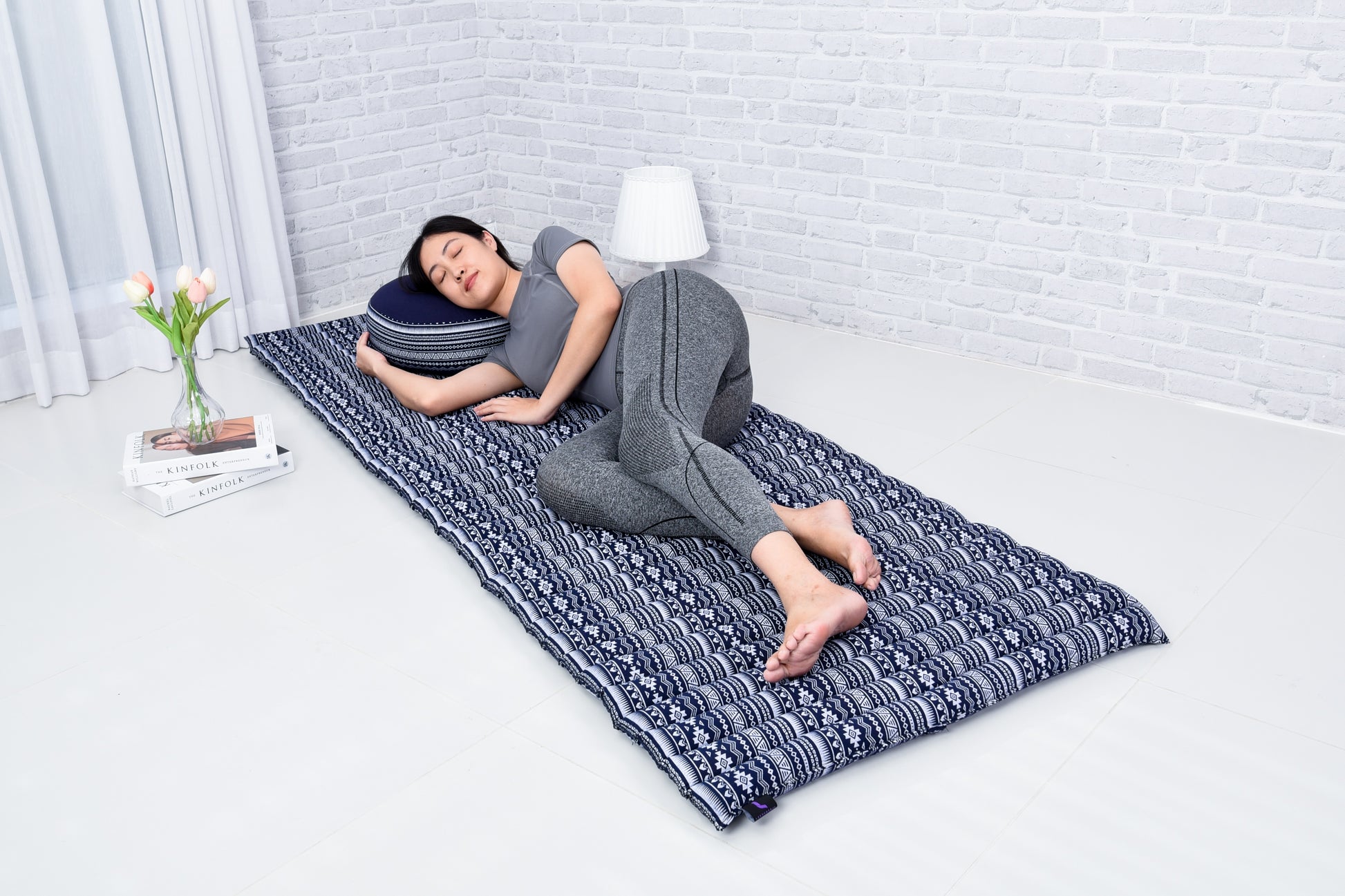 Kapok Roll-Up Mattress – Foldable Sleeping & Relax Mat with Cotton Cover for Home & Outdoor Use, Cbt2 - Dark Blue, M: 75x28